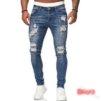 Mens Ripped Skinny Jeans Blue Slim Fit Hole Pencil Pants Casual Biker Trousers Streetwear 2021 High Quality Denim Man Clothing