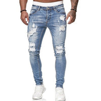 Mens Ripped Skinny Jeans Blue Slim Fit Hole Pencil Pants Casual Biker Trousers Streetwear 2021 High Quality Denim Man Clothing